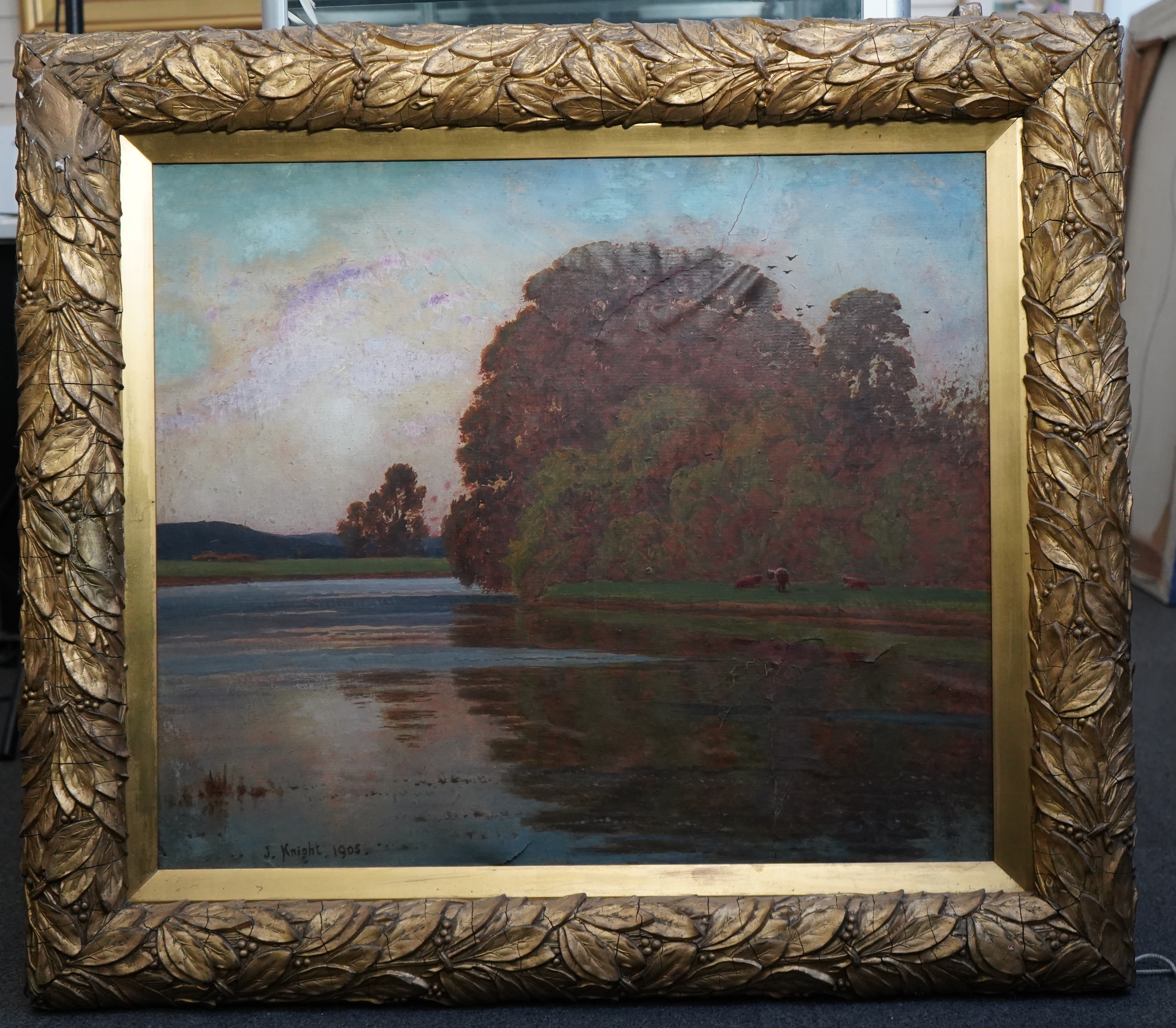 John William Buxton Knight (1843-1908), oil on canvas, riverscape, signed and dated 1905, gilt frames, 65 x 75cm. Condition - poor